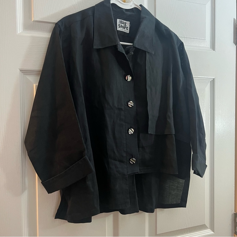 Vtg Black Linen Button Down Women's Black Shirt “The Big Shirt”